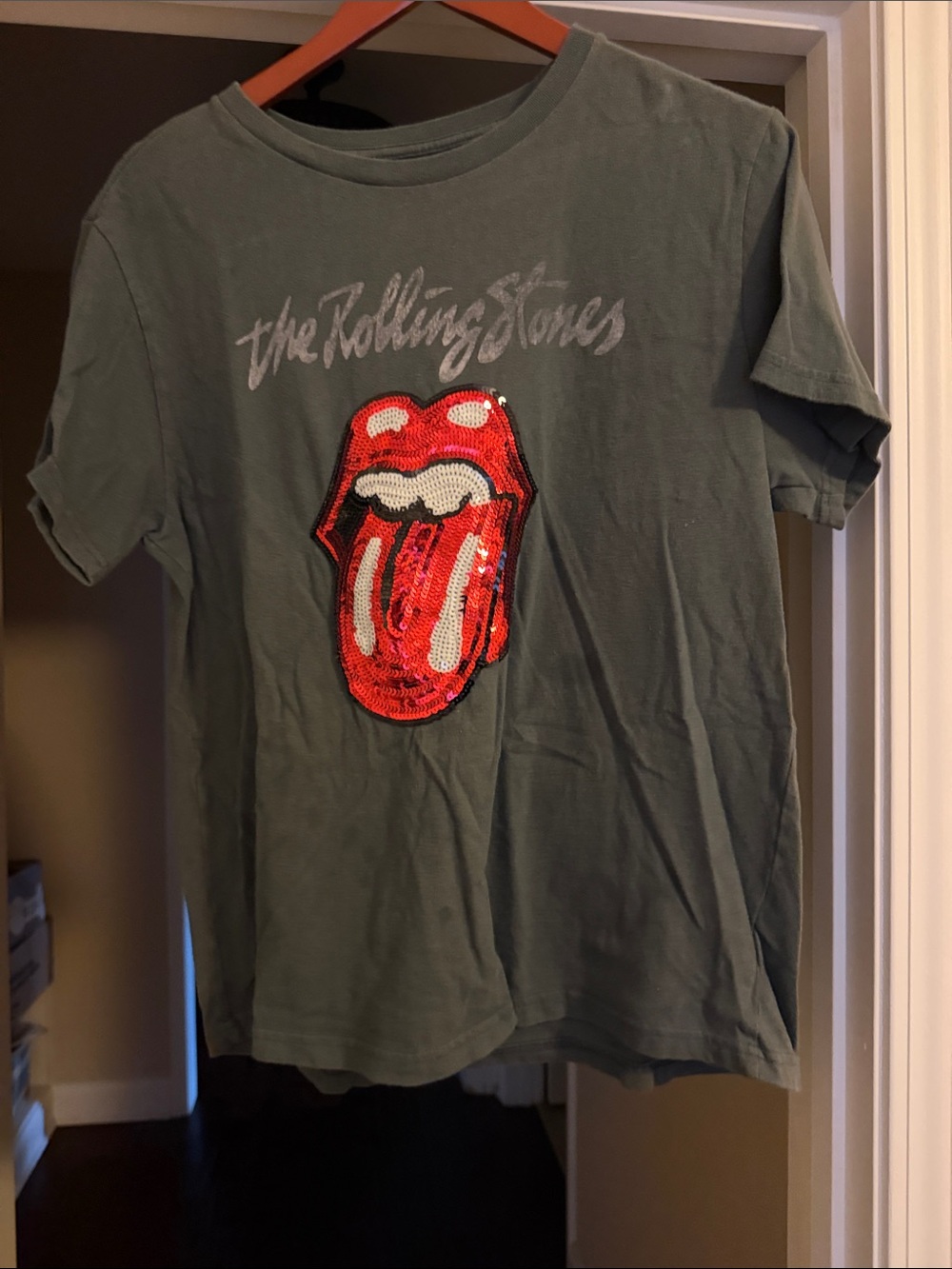 the Rolling Stones Green Kids Tee with Red Sequin Tongue Graphic